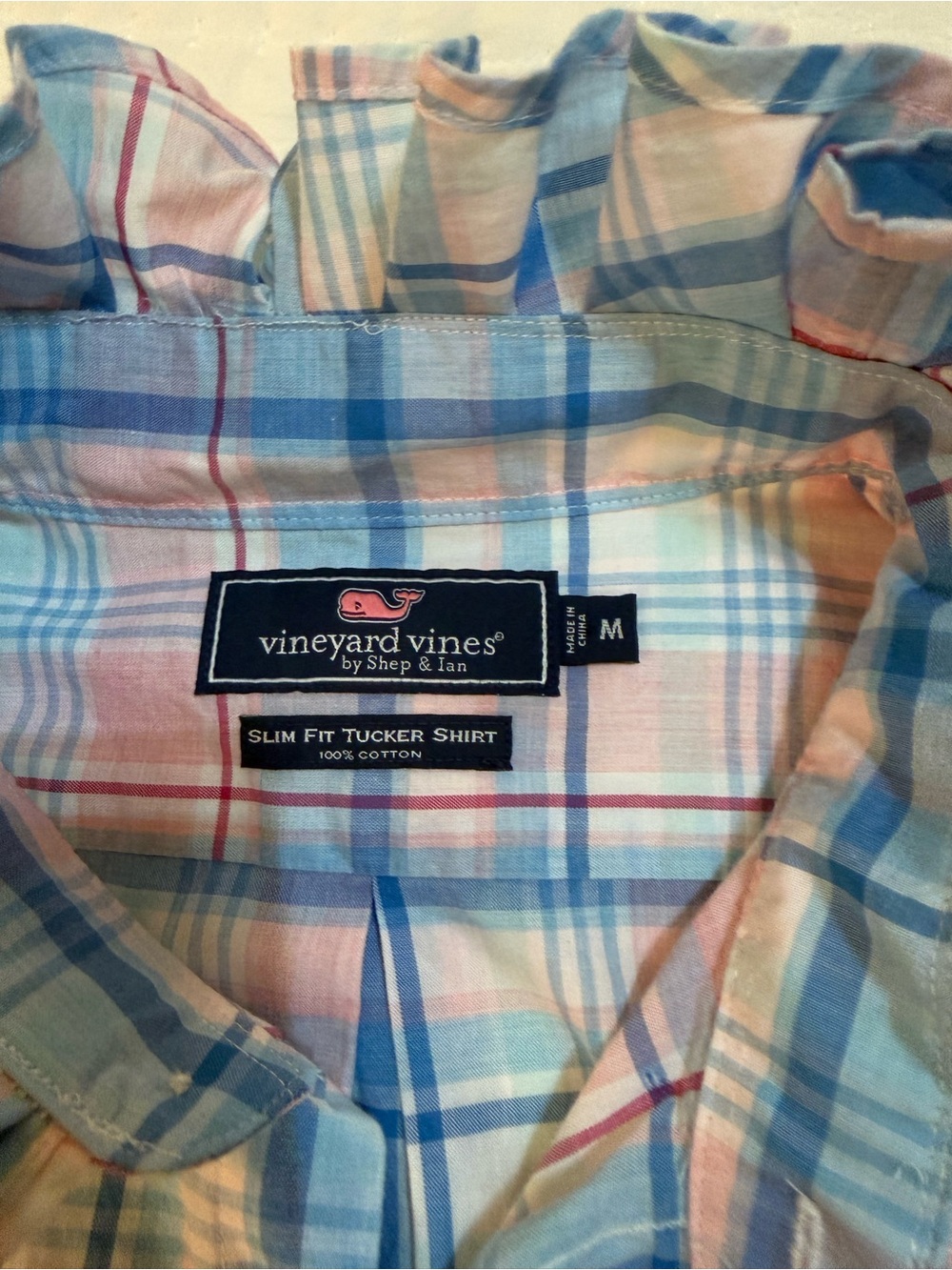 Upcycled Vineyard Vines Light Blue & Pink Plaid Button-Up Shirt -Size M - Picture 4 of 8